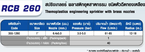 ตารางRCB 260 สปริงเกลอร์ ชนิดหัวฉีดทองเหลือง 